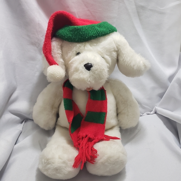 Vintage Holiday Vintage The Plush Factory White Dog Plush 2 Stuffed Animal Knit Red Green
